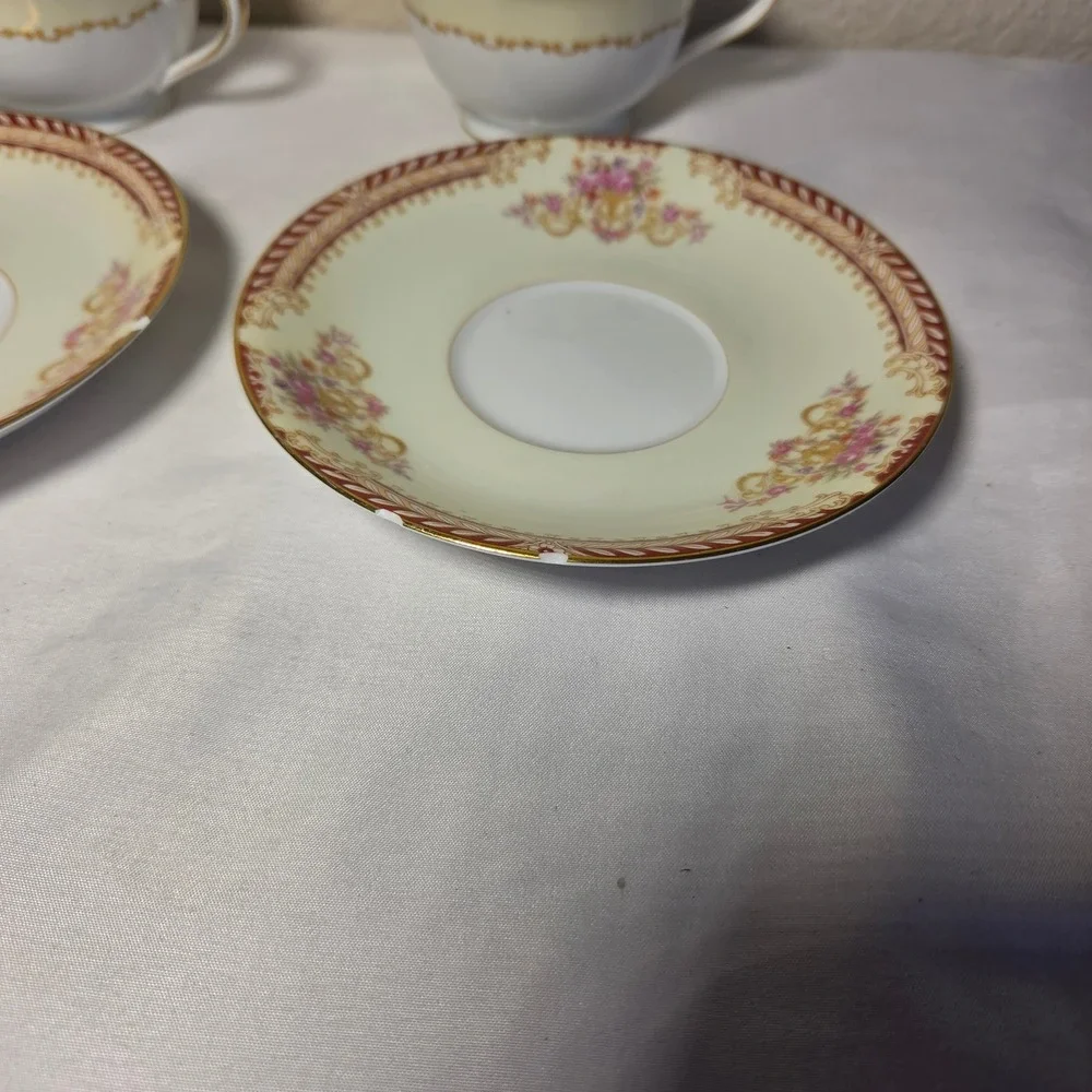 Noritake Japan Teacup and Saucer Set of 2 Floral Gld Gilt Cream Burgundy Vintage